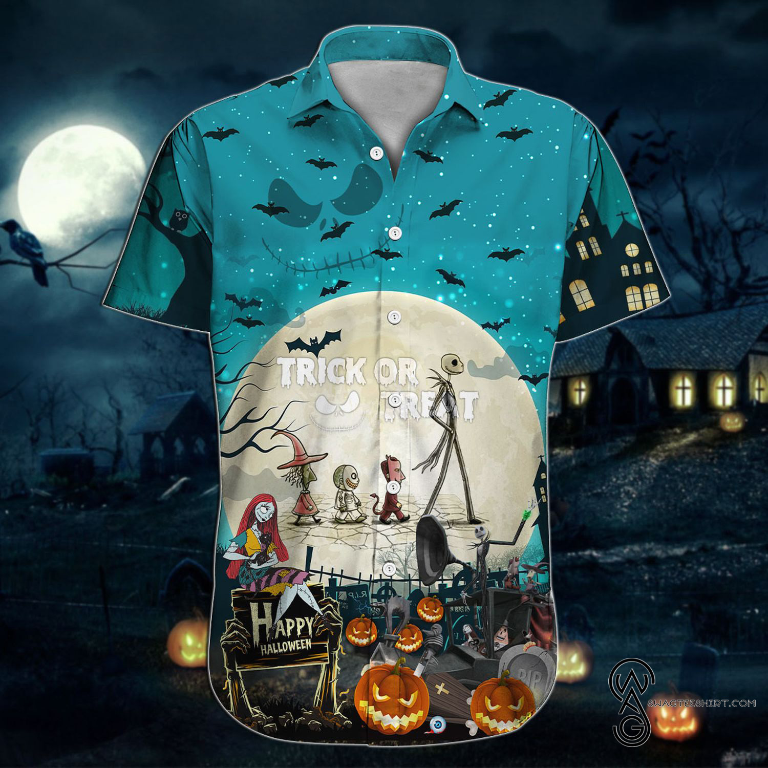 [Top Trending] Halloween Trick Or Treat Jack Skellington TNBC Casual Beach Full Printing Hawaiian Shirt